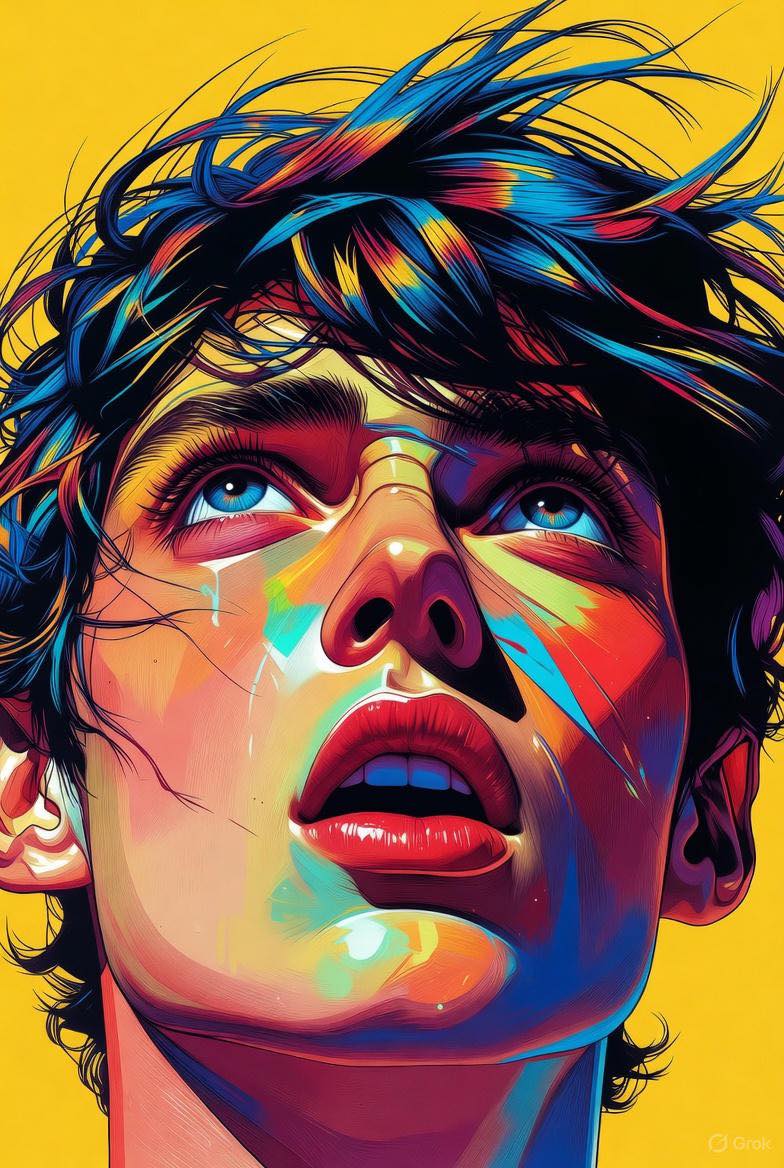 Grok 4.1 

Prompt used: Image: Create a highly detailed, hyper-realistic portrait illustration with vibrant colors. The scene captures an intense emotional expression, with the subject’s face shown in a dramatic close-up angle from slightly below (low-angle perspective). Hair appears windswept and dynamic, with individual strands rendered sharply for a sense of motion. Lighting is bright and even, giving soft highlights across the skin and hair. The background is a solid, bold color (such as vibrant yellow) to create strong contrast and visual impact. Textures of the skin, fine pores, natural shadows, and reflections in the eyes are highly detailed. The artwork should have a polished, semi-illustrative, semi-photorealistic style commonly used in modern poster art. Focus on dynamic energy, emotion, and clarity, with high resolution and crisp edges.